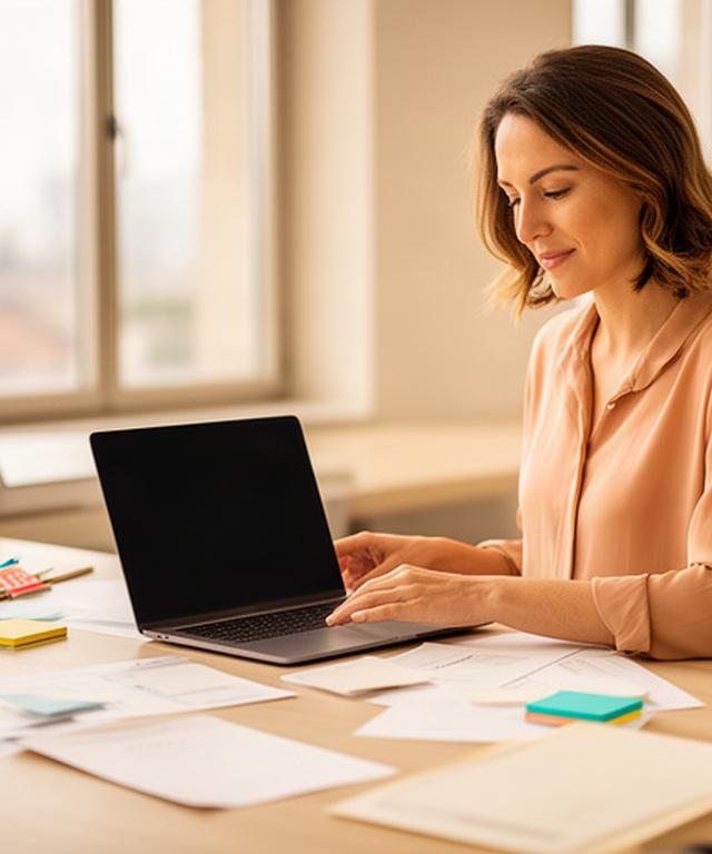 Professionista HR al lavoro in un ufficio luminoso di Vignate, con appunti e computer sul tavolo